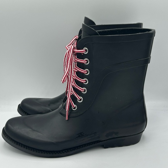 Black Women's J Crew Rain/Winter Boots with Red and White Laces. - Picture 2 of 10